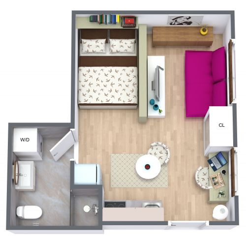 Wonderful Studio Apartment Layout With Feminine Décor