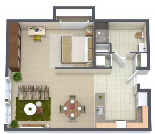 Stylish Studio Apartment Plan With U-Shaped Kitchen