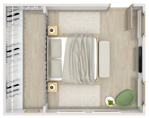 Primary Bedroom Layout With Neutral Color Scheme