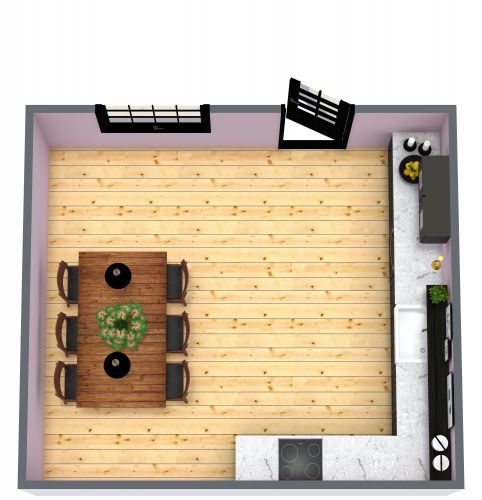 Pink and Black L-Shaped Kitchen Floor Plan