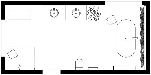 Rectangular Master Bathroom Layout With Tropical Décor