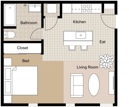 Modern Studio Apartment Plan With Kitchen Island