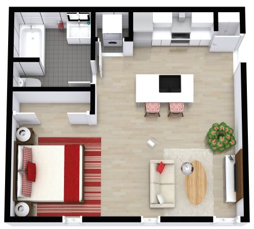 Modern Studio Apartment Plan With Kitchen Island