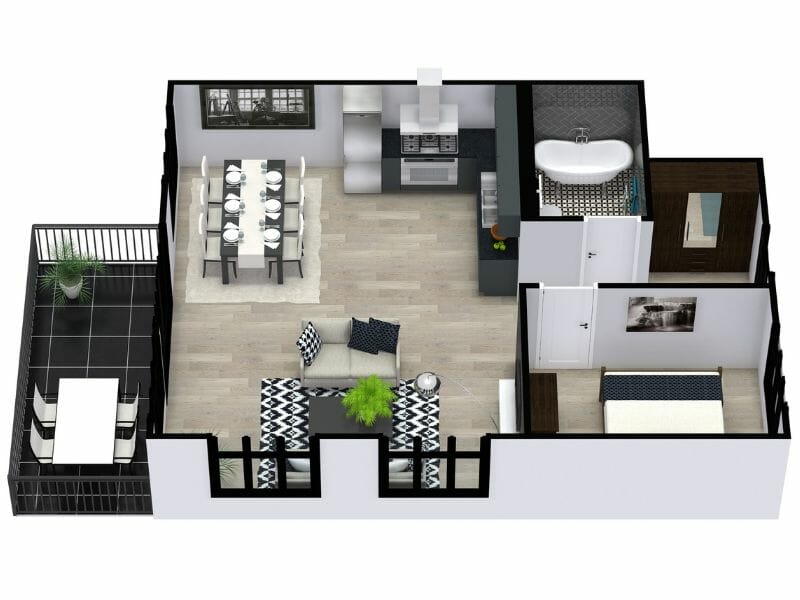 3D color floor plan black