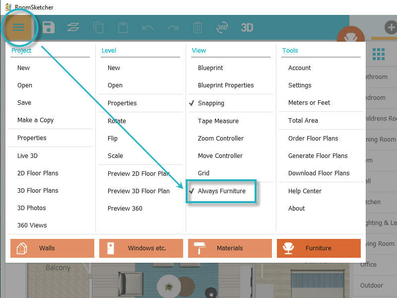 RoomSketcher App always furniture on floor plan tips and tricks