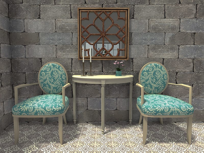 Half moon table brick wall turquoise chair mirror