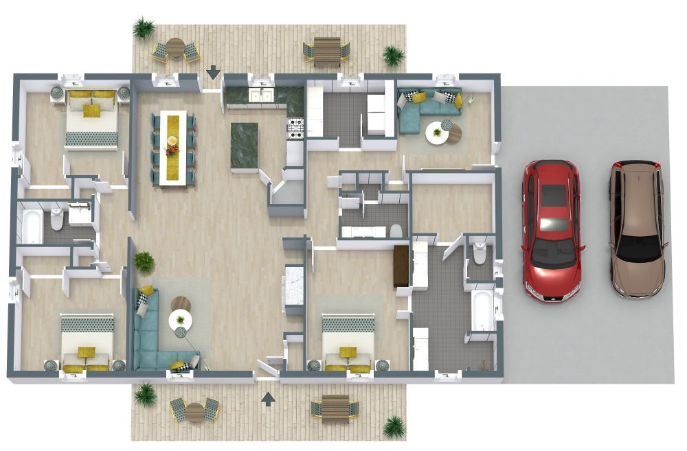 House Plans with a Porch 3D Floor Plan