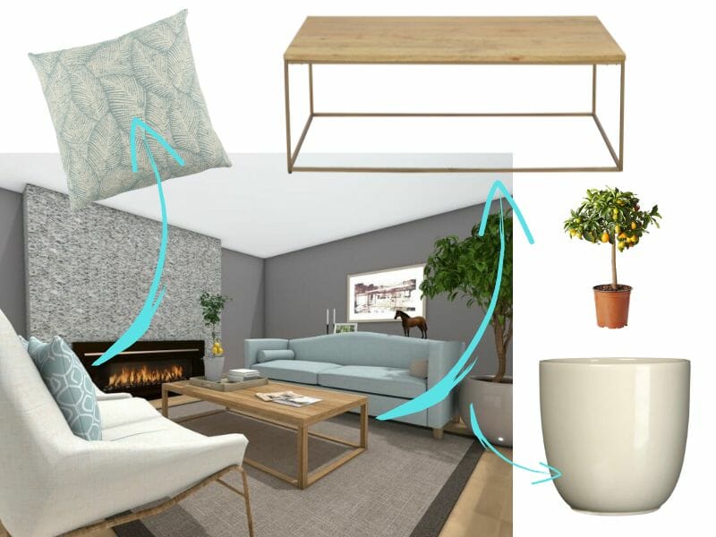 Collage of living room furniture and design accessories.