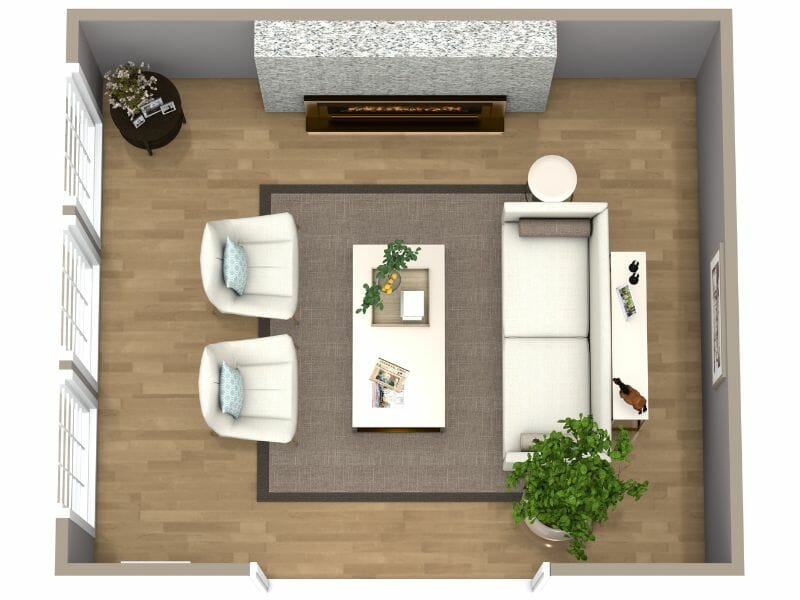 3D floor plan with furniture arrangement for living room