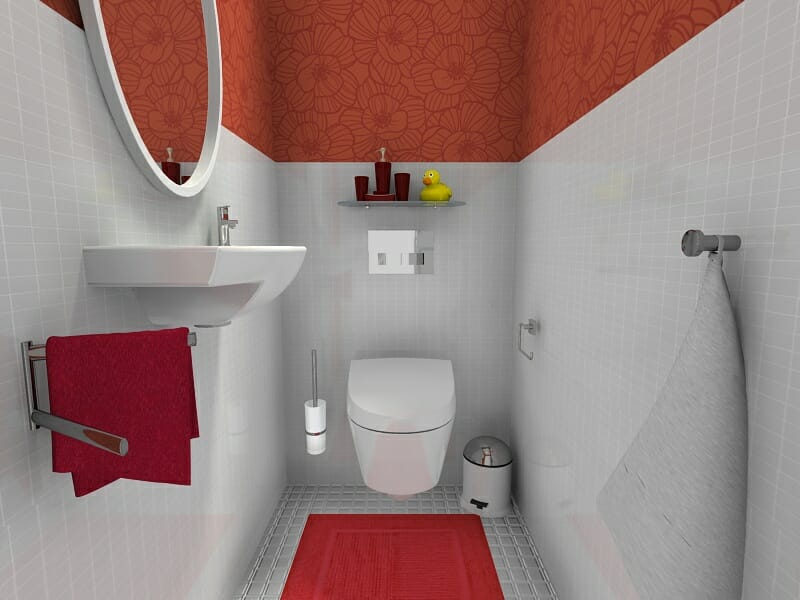 RoomSketcher Colorful Red White Powder Room Design Idea Eco Wallpaper